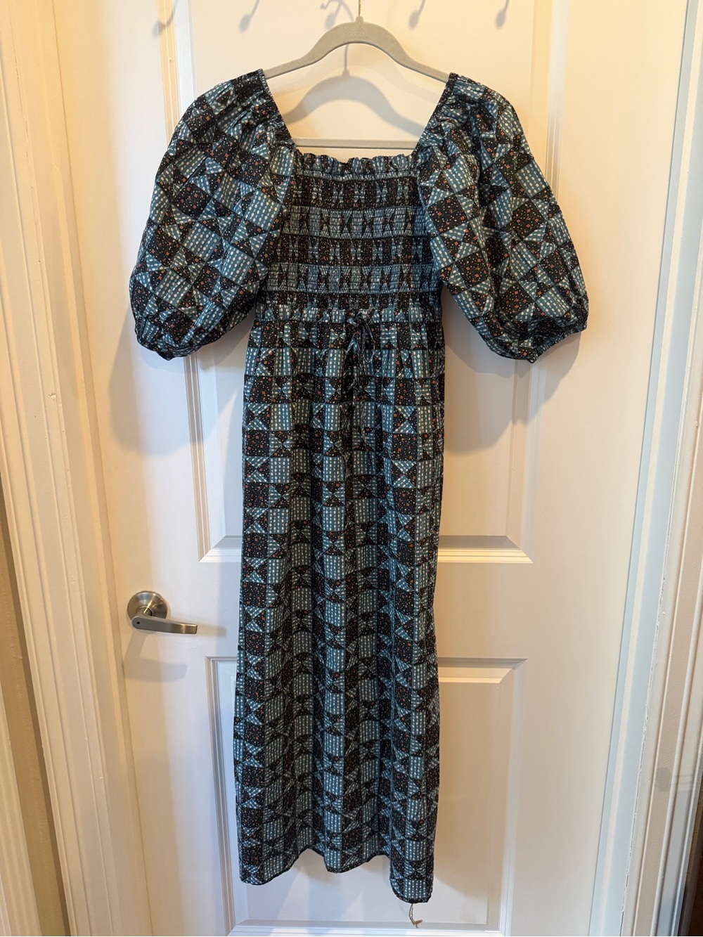 Christy Dawn Katrina Teal and Black Smocked Puff-Sleeve Maxi Dress